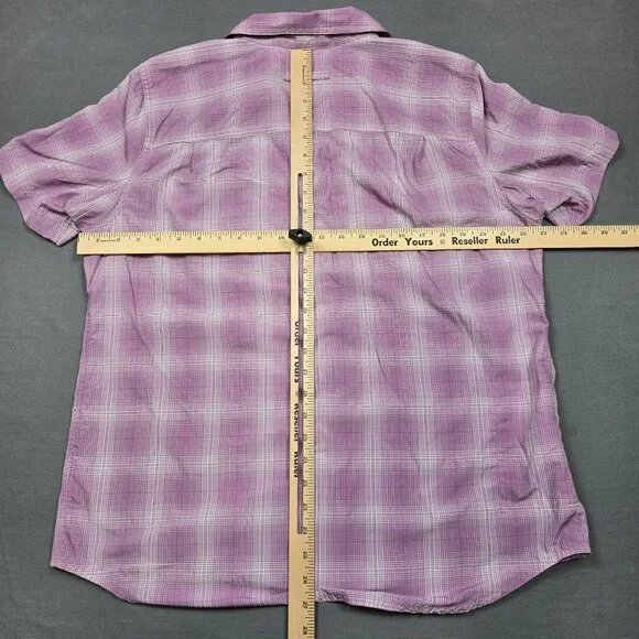 Duluth Womens Large Button-Up Plaid Short Sleeve Shirt Purple Lightweight Top - Picture 4 of 4